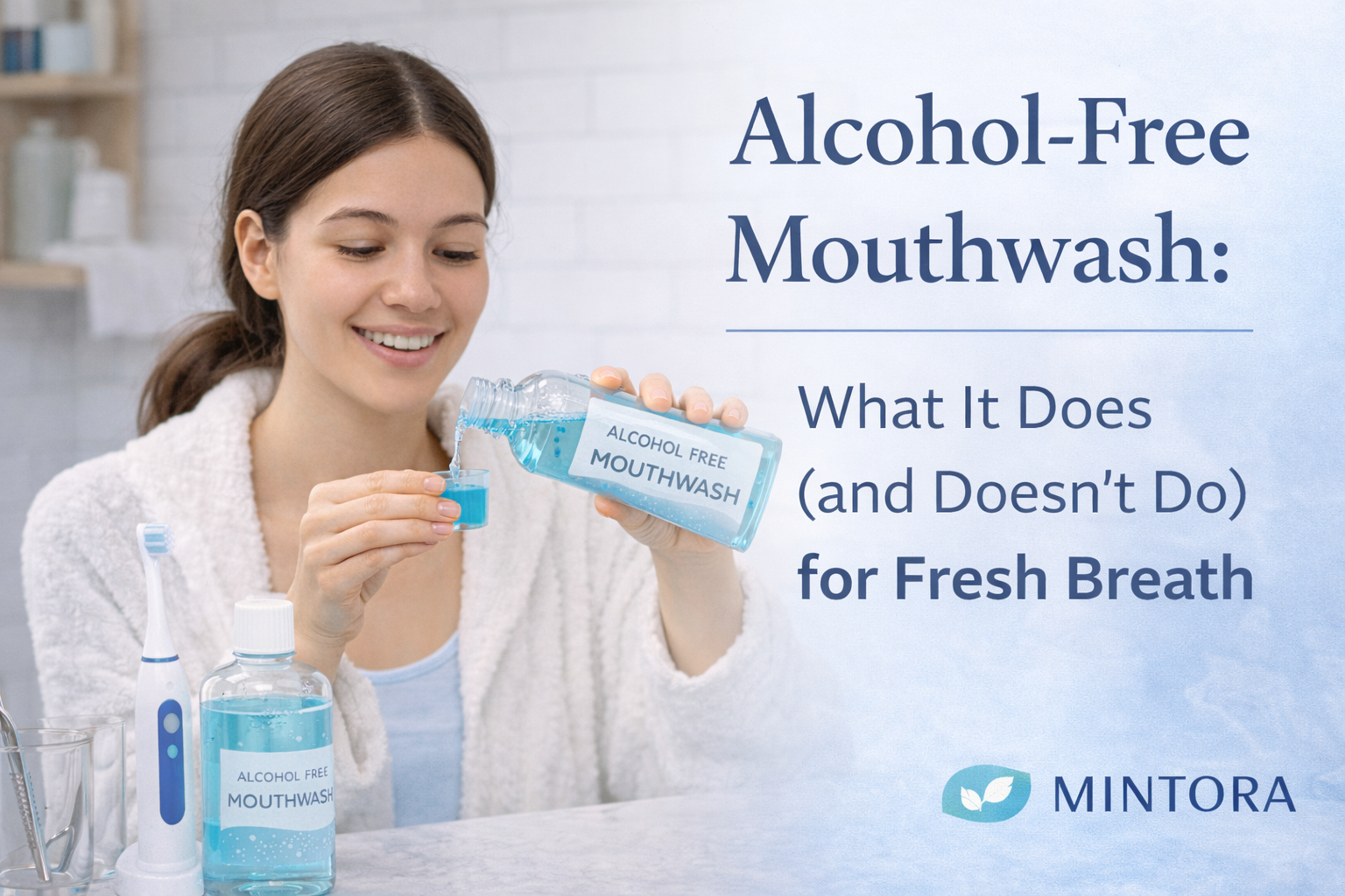 Woman holding alcohol-free mouthwash and smiling in a bright bathroom, representing a gentle fresh breath routine for a Mintora oral care blog