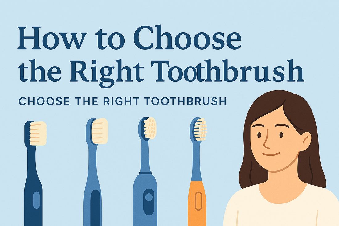 Flat-style illustration showing four different toothbrush types and a smiling woman with the title ‘How to Choose the Right Toothbrush’ on a clean blue background for a Mintora oral care guide