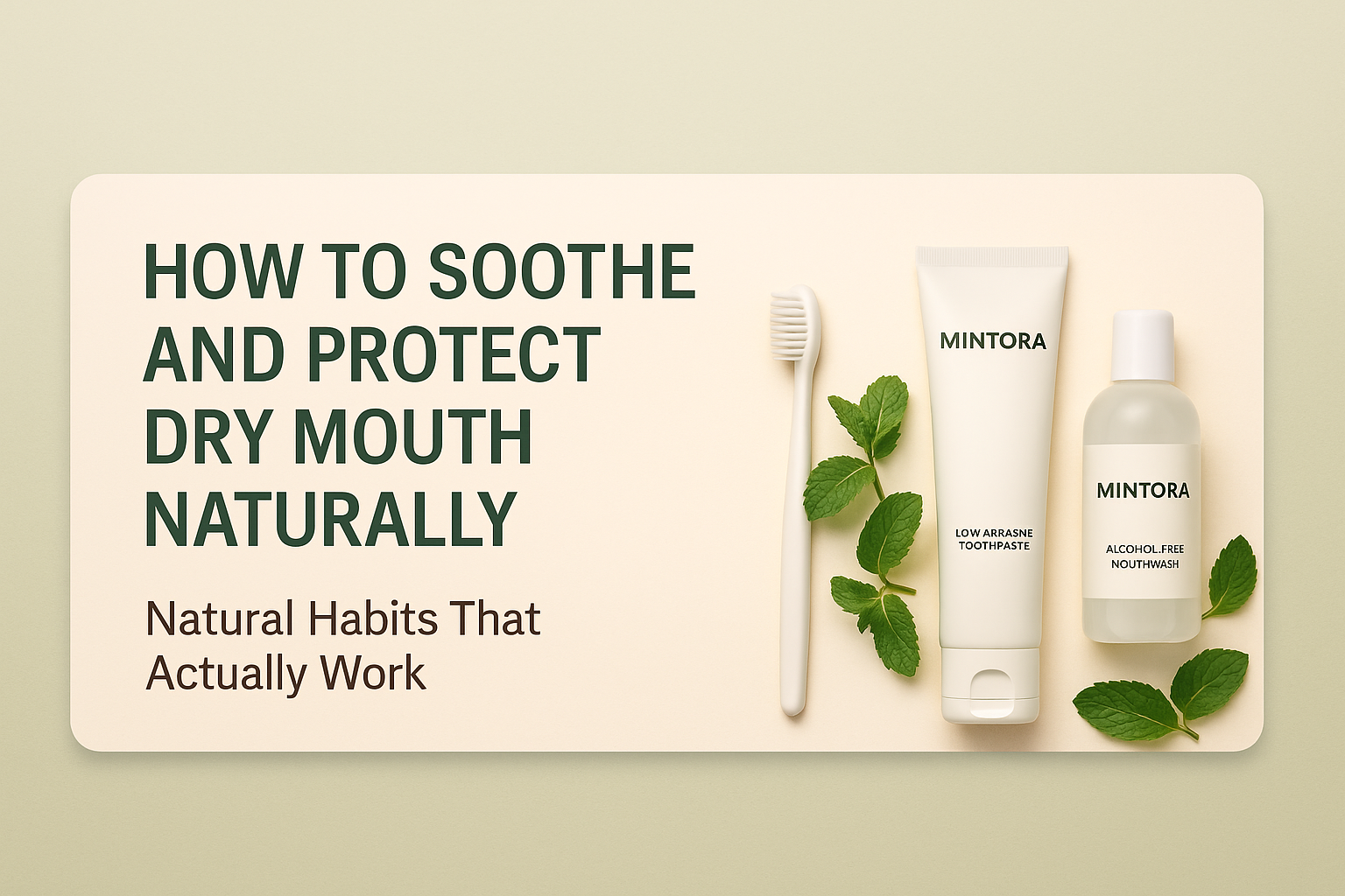 Mintora blog thumbnail showing gentle oral care products—soft toothbrush, low-abrasive toothpaste, alcohol-free mouthwash, and fresh mint leaves—illustrating natural ways to soothe and protect dry mouth.