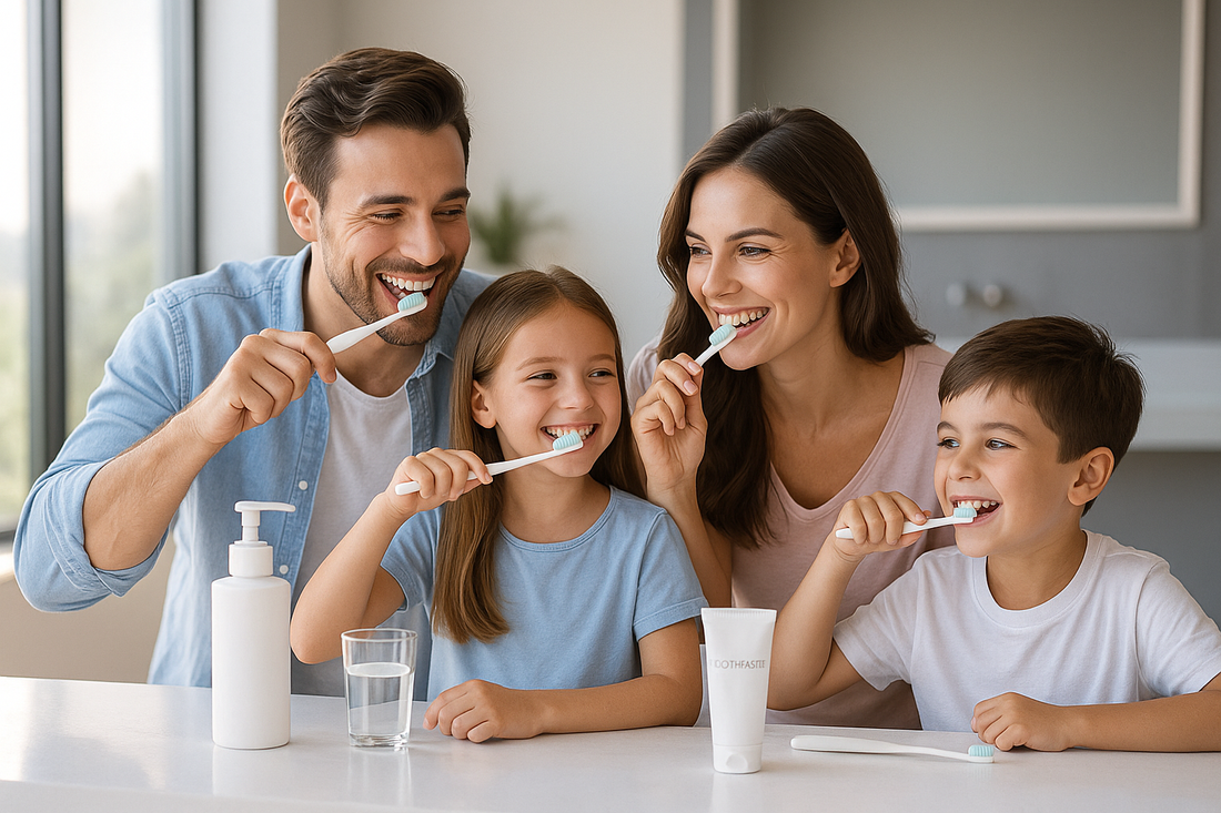 A happy family of four brushing their teeth together in a bright bathroom, showing a clean and gentle oral care routine aligned with Mintora’s family wellness values.