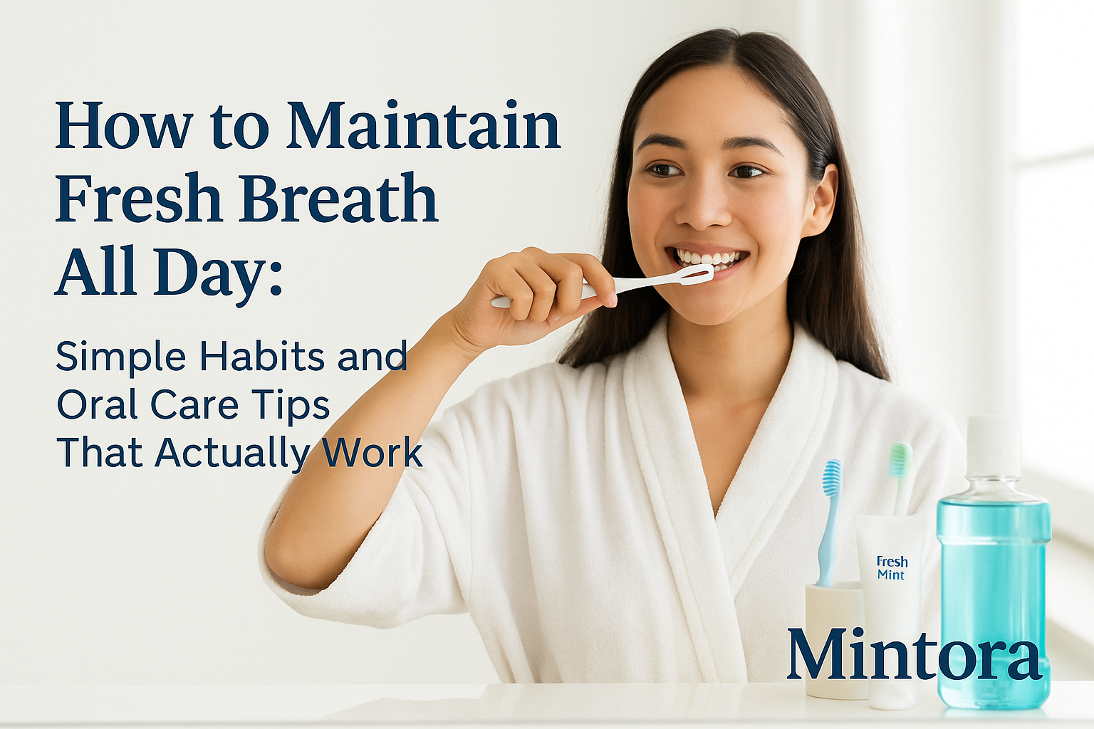 A smiling woman brushing her teeth in a bright bathroom with oral care products displayed on the counter, shown beside the title ‘How to Maintain Fresh Breath All Day’