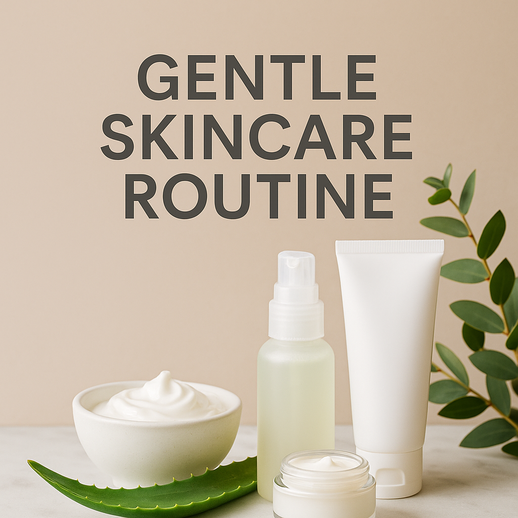Gentle skincare products arranged on a clean surface with soothing natural elements and the text ‘Gentle Skincare Routine’ above