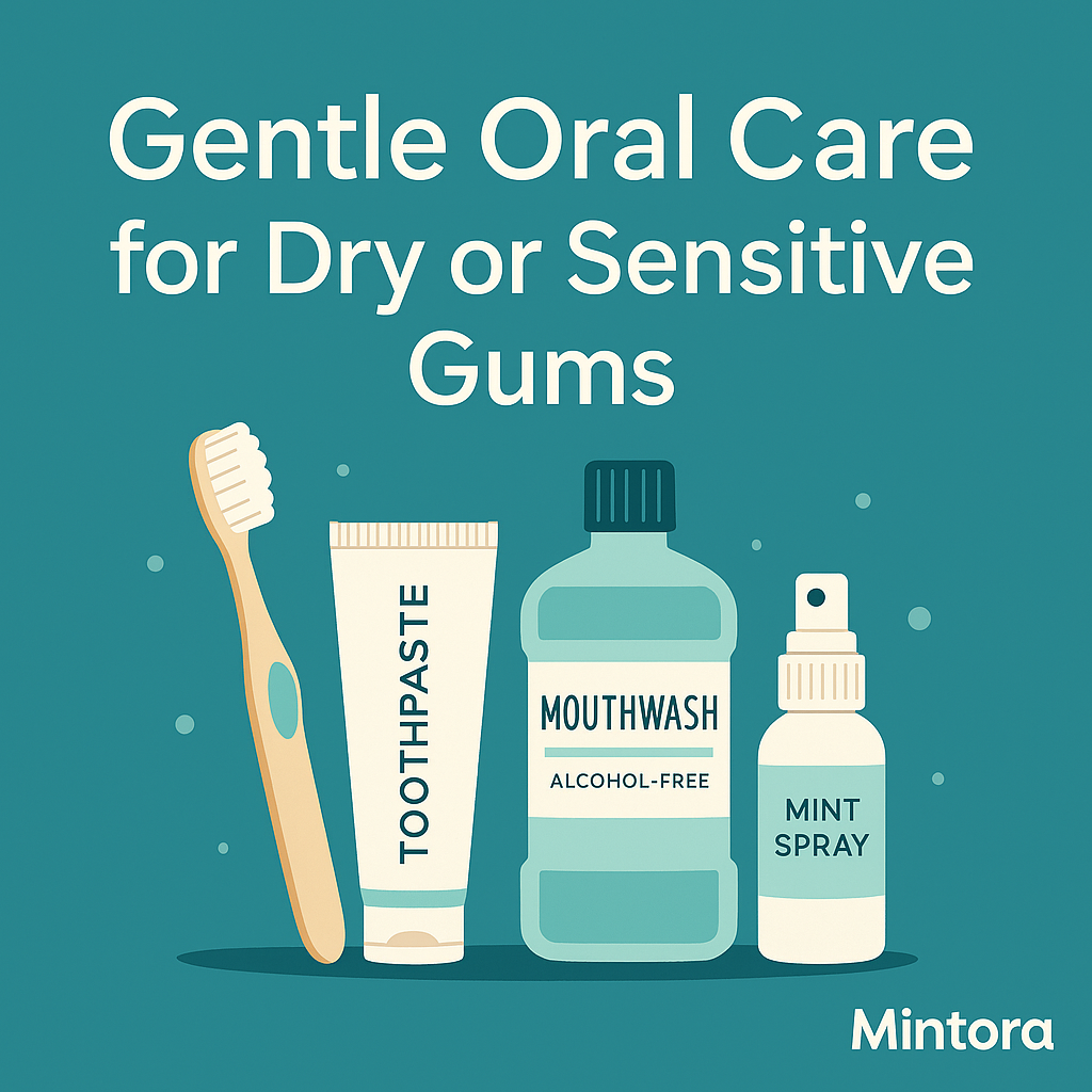 A clean teal thumbnail displaying a soft toothbrush, gentle toothpaste, alcohol-free mouthwash, and mint spray with the text “Gentle Oral Care for Dry or Sensitive Gums,” representing Mintora’s soothing gum care guide.