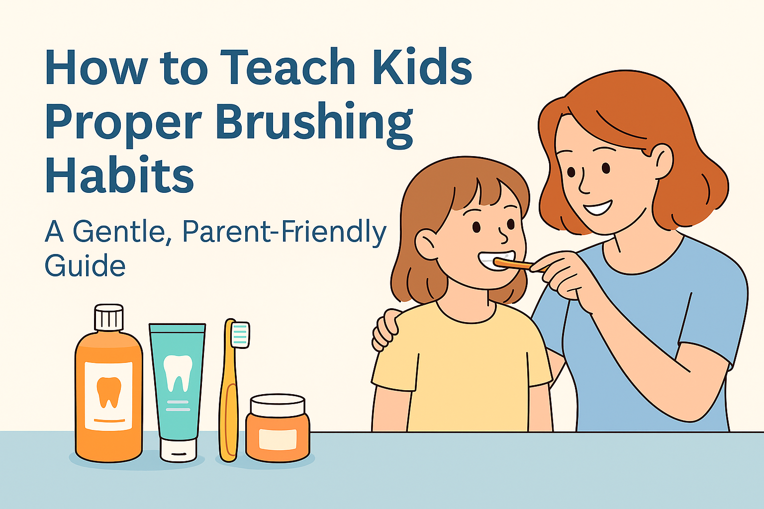 Illustrated thumbnail of a mother gently teaching her child to brush their teeth, shown with kids’ oral care items in a clean, friendly flat-style design