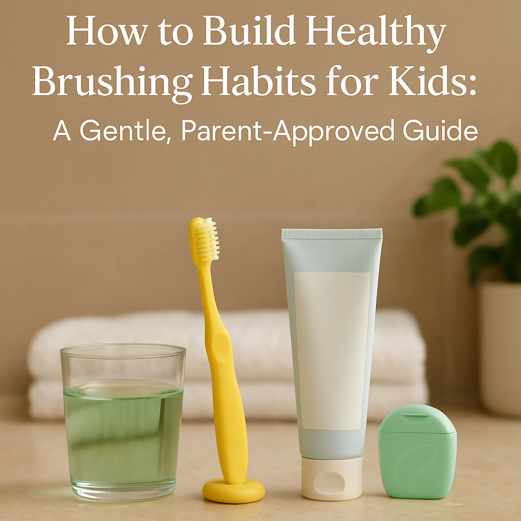 Bright children's oral care items arranged on a countertop with the blog title displayed above