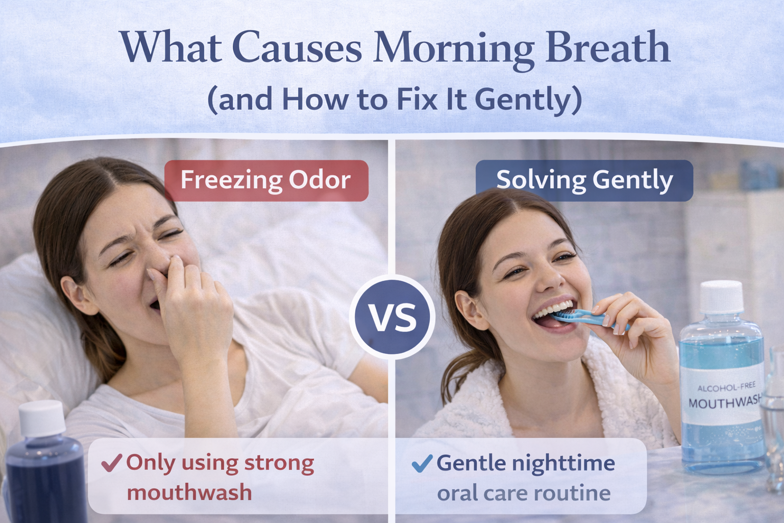 Thumbnail showing a woman waking up with concern about morning breath, paired with gentle oral care imagery representing causes and solutions for morning breath in a Mintora blog