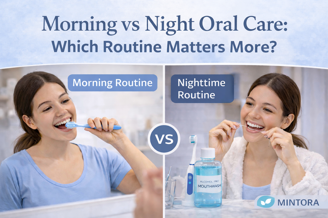 Split thumbnail showing a woman brushing her teeth in the morning and flossing properly at night with intact dental floss, comparing daily oral care routines for a Mintora blog