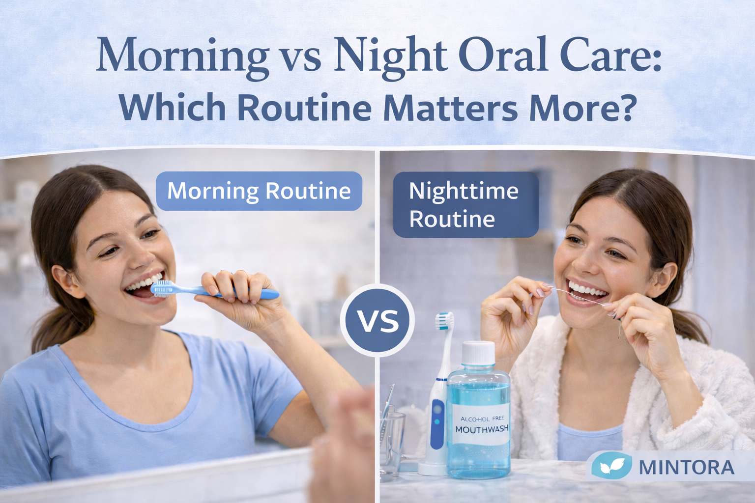 Split thumbnail showing a woman brushing her teeth in the morning and flossing properly at night with intact dental floss, comparing daily oral care routines for a Mintora blog