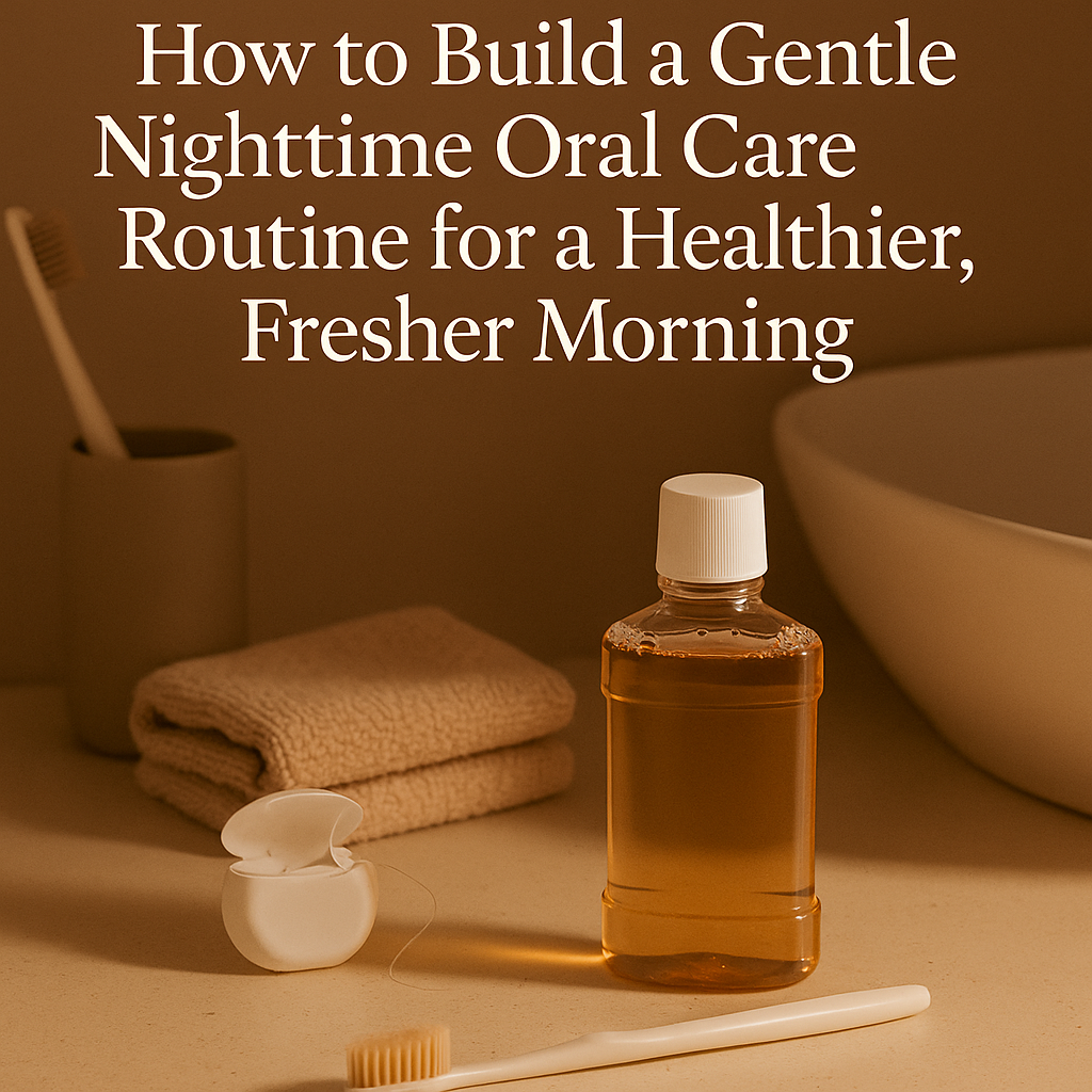 Warm nighttime oral care setup with mouthwash, toothbrush, and floss on a bathroom counter