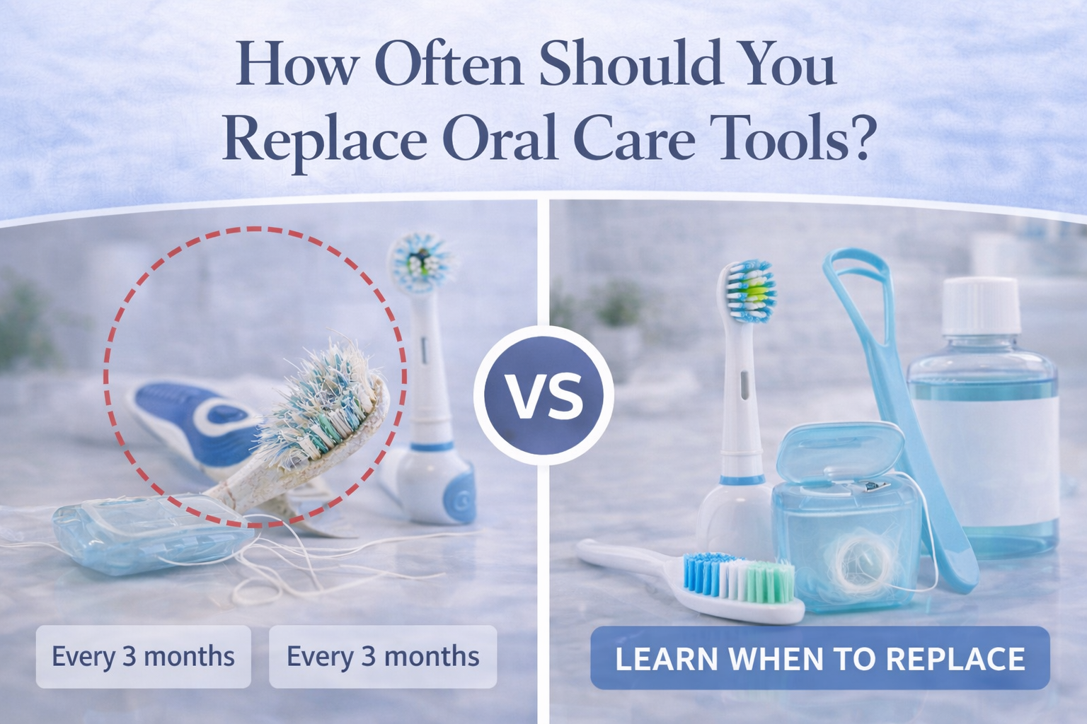 Split thumbnail comparing worn oral care tools and fresh replacements, illustrating how often to replace toothbrushes, floss, and oral hygiene tools in a Mintora daily care guide