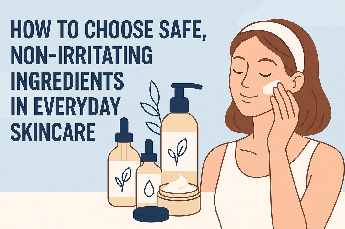 Illustrated thumbnail showing a woman applying gentle skincare beside clean, non-irritating skincare products with the title ‘How to Choose Safe, Non-Irritating Ingredients in Everyday Skincare’