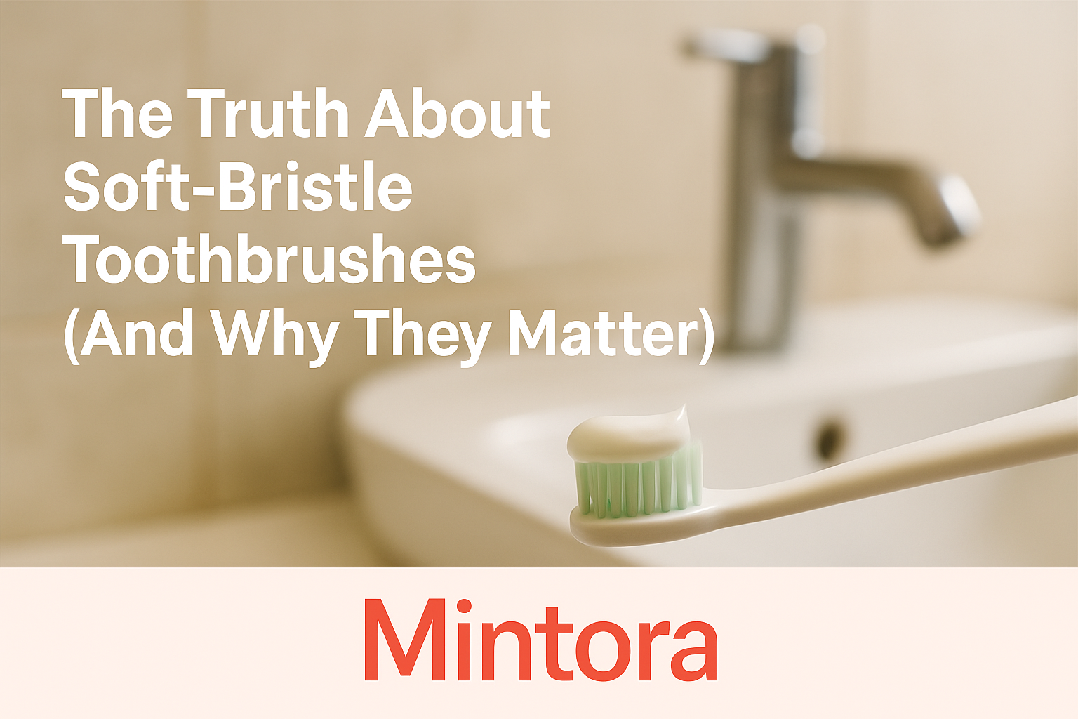 A soft-bristle toothbrush with toothpaste in a clean bathroom setting, used as a Mintora thumbnail image for gentle daily oral care guidance.