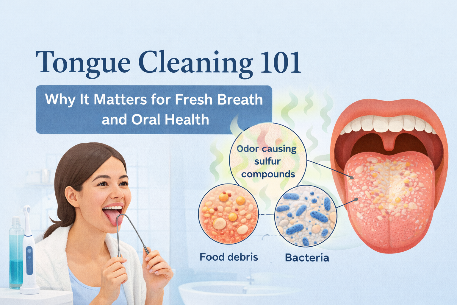 Illustrated thumbnail showing a woman using a tongue scraper with a visual explanation of tongue bacteria and odor-causing buildup for a Mintora oral care guide