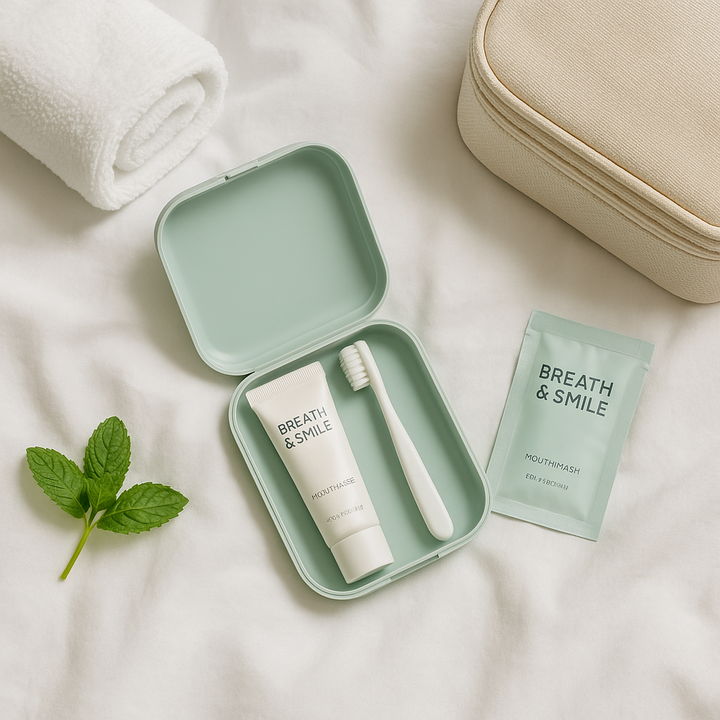 Mintora Breath & Smile travel oral care set with mint leaf, minimal mint-colored case, and clean lifestyle aesthetic