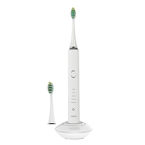 Voom Sonic Pro 7 Rechargeable Electronic Toothbrush + Pro 7 Series Replacement Brush Heads - 2-Minute Timer with Quadrant Pacing & 5 Adjustable Speeds,Soft Dupont Nylon Bristles Oral Care - White