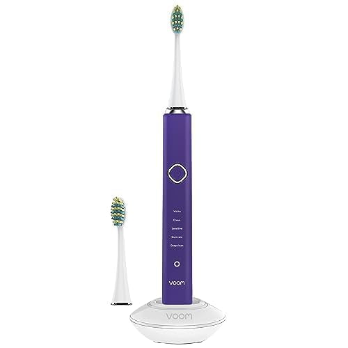 Voom Sonic Pro 7 Rechargeable Electronic Toothbrush + Pro 7 Series Replacement Brush Heads - 2-Minute Timer with Quadrant Pacing & 5 Adjustable Speeds,Soft Dupont Nylon Bristles Oral Care - Purple
