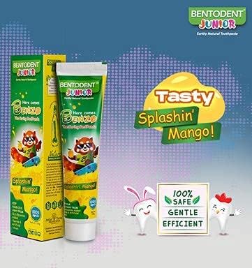 Bentodent Fluoride Free Kids Toothpaste - Natural Calcium Bentonite Clay Toothpaste - SLS Free, Fresh Breath, Plaque Removal by Brushing (Mango)