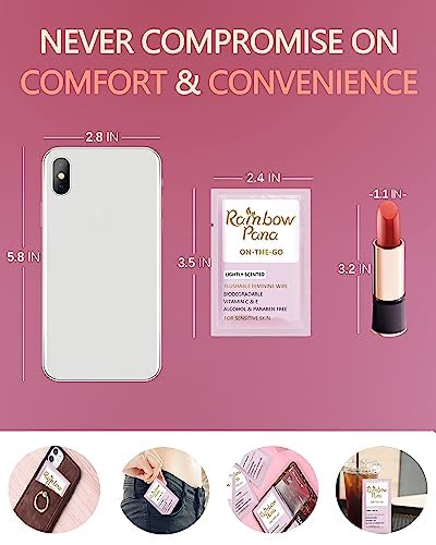 RainbowPana Feminine Wipes, 240 Count ON-THE-GO Individually Wrapped | Flushable Wipes, Travel Wipes for Women, Pre/Post-Intimacy Cleansing | Aloe, Portulaca, Vitamin E | pH Balanced, Biodegradable