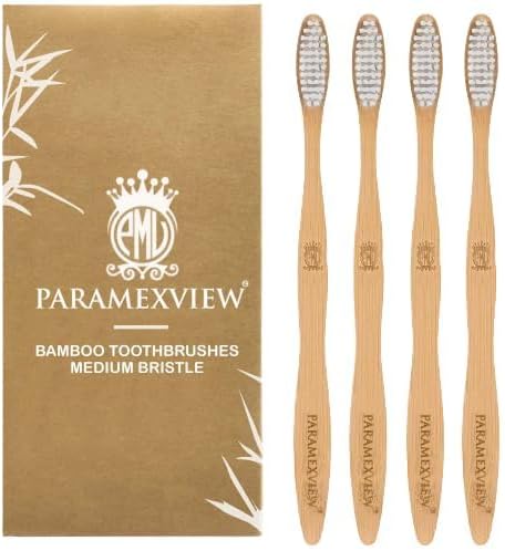 Paramexview® Natural Bamboo Toothbrushes Set of 4 | BPA-Free Medium Bristles, Eco-Friendly | Biodegradable Handle, Charcoal Infused and Organic Base (White)