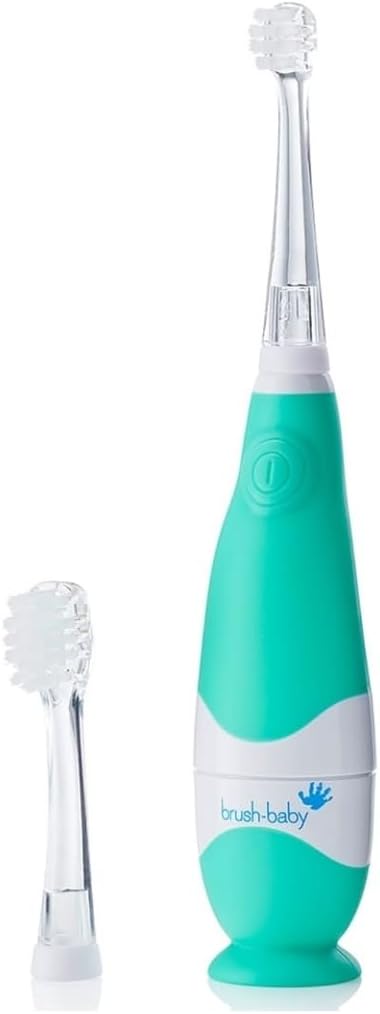 brush-baby BabySonic Infant and Toddler Electric Toothbrush for Ages 0-3 Years - Smart LED Timer and Gentle Vibration Provide a Fun Brushing Experience - Includes 2 Sensitive Brush Heads (Teal)