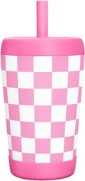 Kid Insulated Stainless Steel Tumbler with Silicone Straw, 12oz Sippy Cup for Kids (Pink Checkerboard)