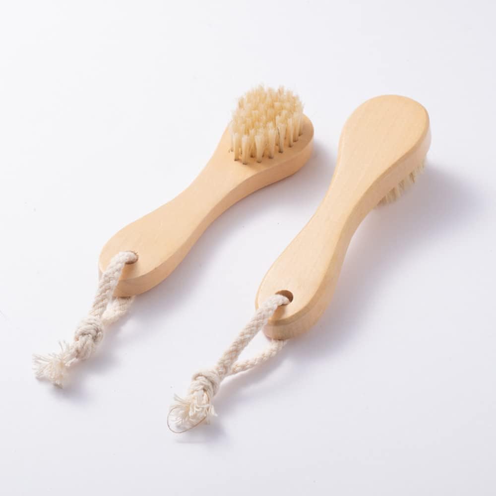 2 Pack Wood Handle Manual Face Facial Cleansing Brush, 5.7” Natural Boar Bristles Skin Care Exfoliating Scrub Brush.