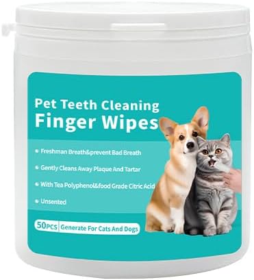 Pet Dental Care Finger Wipes, Reduces Plaque & Freshens Breath,Teeth Cleaning Kit for Dogs and Cats,50 PCS