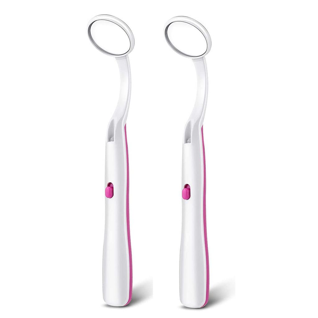 2 Pcs Dental Mirror with Light Tool LED Lighted Teeth Inspection Mirror Anti Fog Curve Angle Dentist Oral Care Tool (Red)