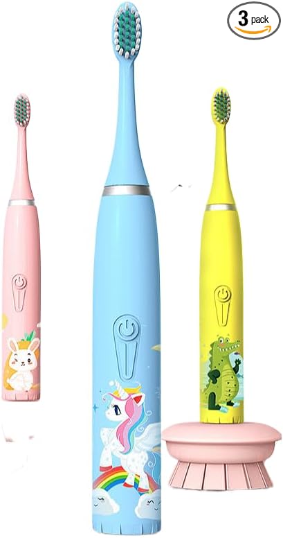 3PCS Rechargeable Children's Electric Toothbrush Ip7 Waterproof, Ultrasonic Vibration, Cute Cartoon Soft Fur Design, 5 Brush Heads