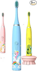 3PCS Rechargeable Children's Electric Toothbrush Ip7 Waterproof, Ultrasonic Vibration, Cute Cartoon Soft Fur Design, 5 Brush Heads