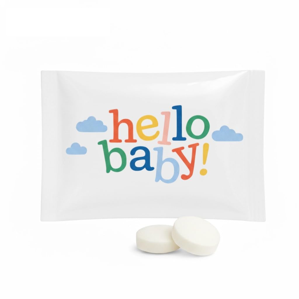 SIMPLY Peppermint "Hello Baby", Individually Wrapped Breath Mints, Bulk 50 Packets (2 per Packet), | Gender Reveal, Party Favors