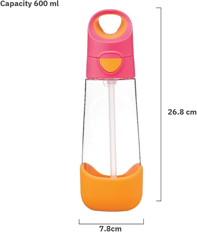 b.box 20oz Tritan Kids Water Bottle –Toddler Drink Bottle with Straw for School, Daycare, Travel w/Easy-Grip Triangular Design, Leak Proof Lid & Handle, BPA Free, Dishwasher Safe (Strawberry Shake)