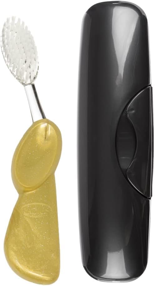 RADIUS Toothbrush Big Brush with Replaceable Brush Head BPA Free ADA Accepted - Left Hand - Gold Satin Brush with Black Case