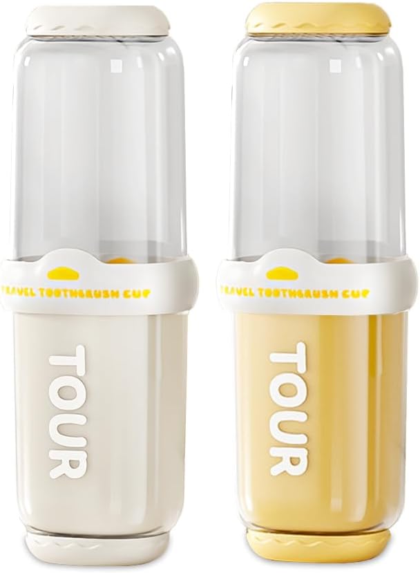 Toothbrush Travel Case, 2 pack Portable Tooth Brush and Toothpaste Holder Rinse Cup Cover Container Compact Oral Clean Tools Organizer for Camping Traveling Home School Business(White + Yellow)