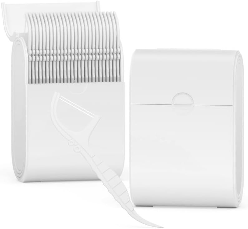 Portable Dental Floss Picks Case 2 Box，52 Count Flosser a Box – Travel Dental Hygiene Kit with Floss Stick and Toothpick Cases -White，Mint Flavored, Twin Line Design.