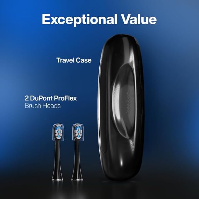 Aquasonic Clinical AQ Ultra-Whitening Smart Toothbrush with Pressure Sensor, LCD Screen & Battery Level Indicator - 2 Brush Heads & Hard Sell Travel Case