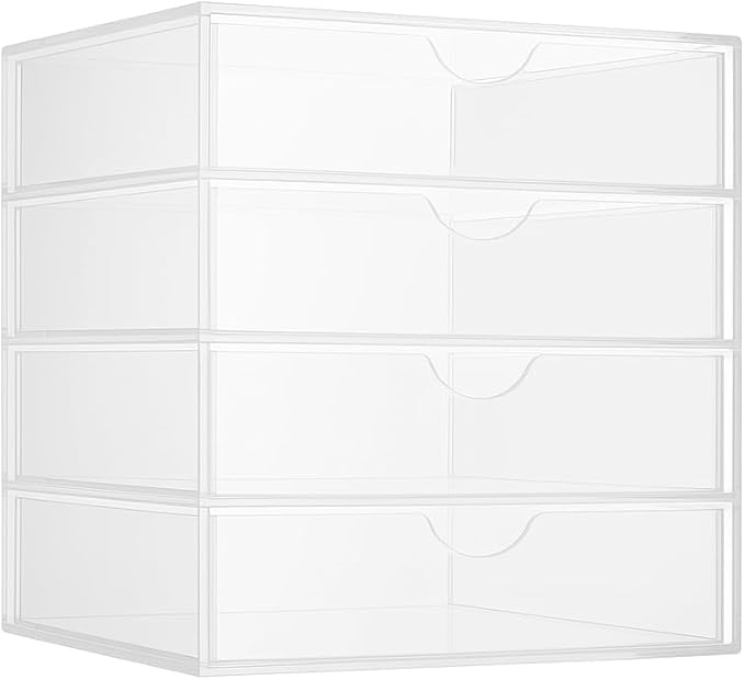 Venshera 4-Drawer Acrylic Organizer – Clear Storage Box with Sliding Drawers for Bathroom, Vanity, Desk, or Makeup. (Clear white)