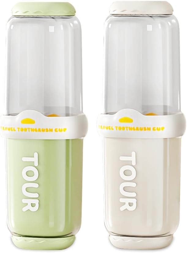 Toothbrush Travel Case, 2 pack Portable Tooth Brush and Toothpaste Holder Rinse Cup Cover Container Compact Oral Clean Tools Organizer for Camping Traveling Home School Business(White + Green)