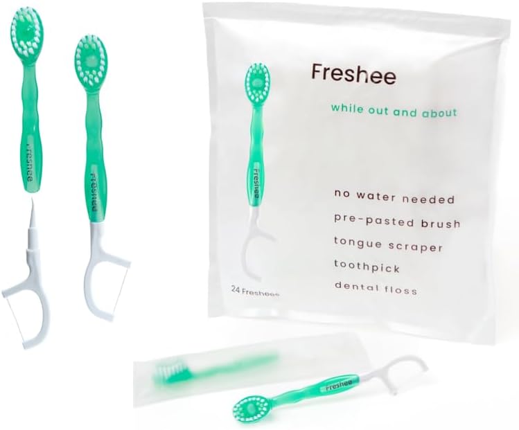 Freshee Bead -5 in 1 Disposable Mini Toothbrush with Refreshing Bead + Floss + Pick + Tongue Scraper | Travel Size | Individually Wrapped | Soft | Light Mint | Travel Set
