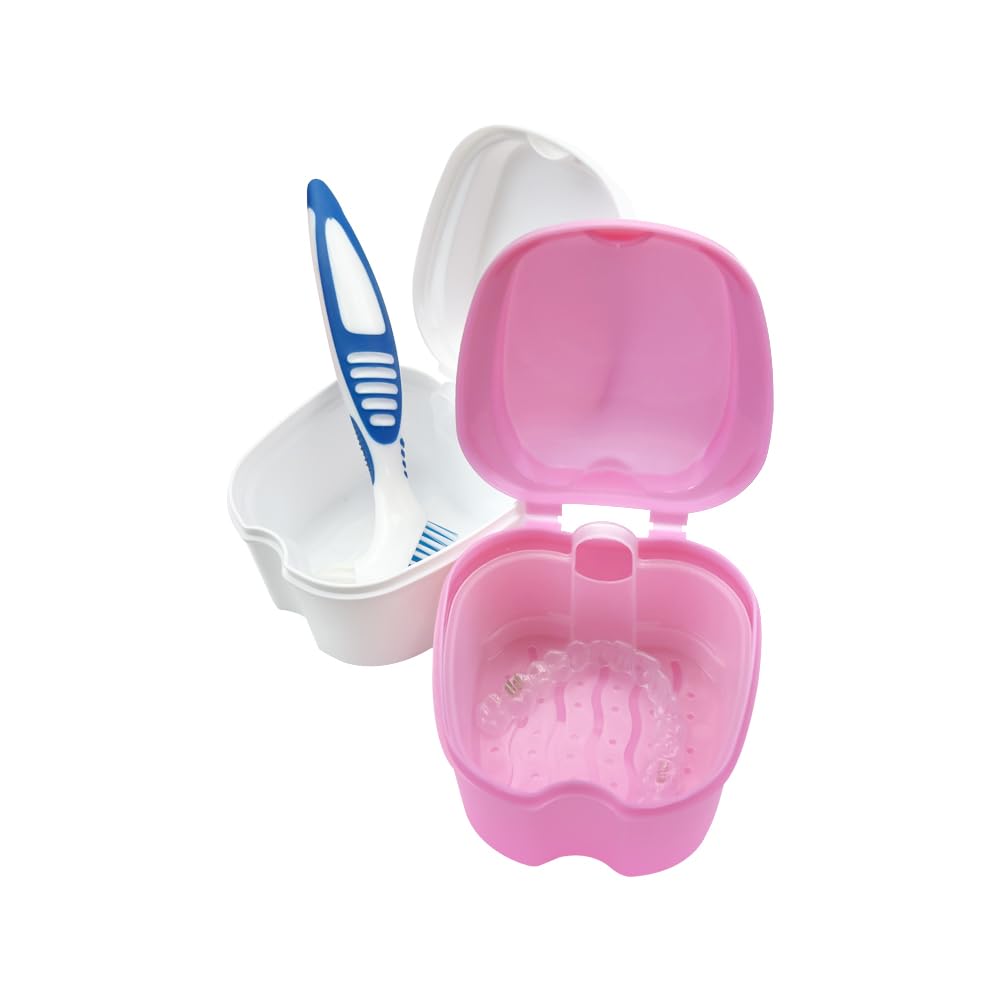 2pcs Denture Bath Retainer Case, Dentaure Cups for Soaking Dentures with Strainer Basket Tray,Compact and Pportable Design, Suitable for Traveling (Pink+White)