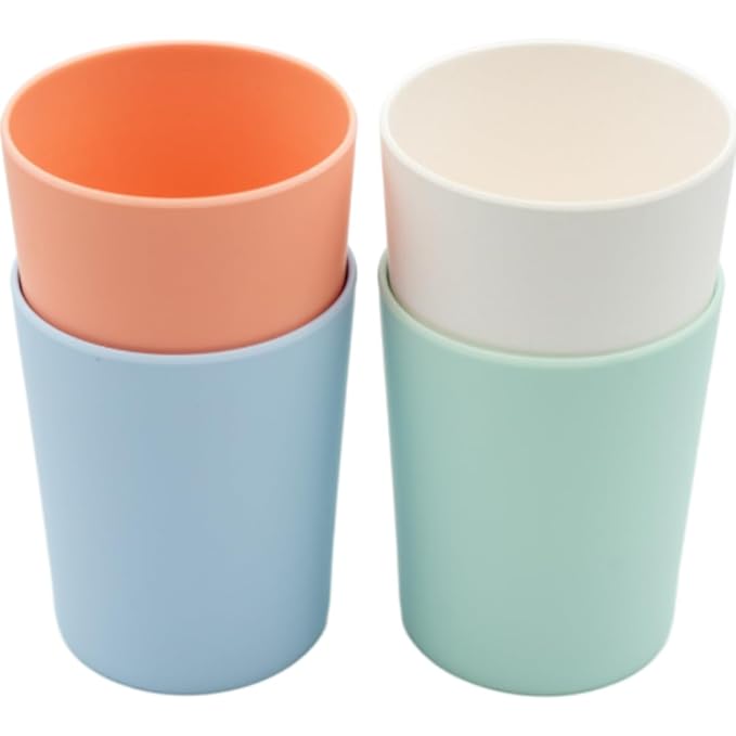 WeeSprout Bamboo Toddler Cups, 10 oz Set of Four, Babies, Big Kids & Toddlers, Made With All Natural Bamboo, Dishwasher Safe (Pastel Coral, Blue, Mint & Off White, 10 oz (Without Lids))