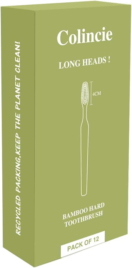 Extra Hard & Firm Bamboo Charcoal Toothbrush Long Head with Wide Thickened Handle Whitening Teeth Pack of 12