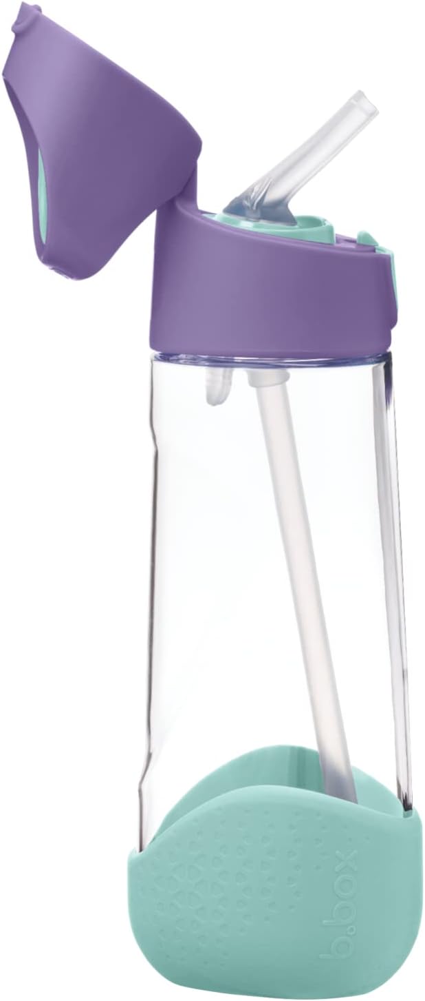 b.box 20oz Tritan Kids Water Bottle –Toddler Drink Bottle with Straw for School, Daycare, Travel w/Easy-Grip Triangular Design, Leak Proof Lid & Handle, BPA Free, Dishwasher Safe (Lilac Pop)