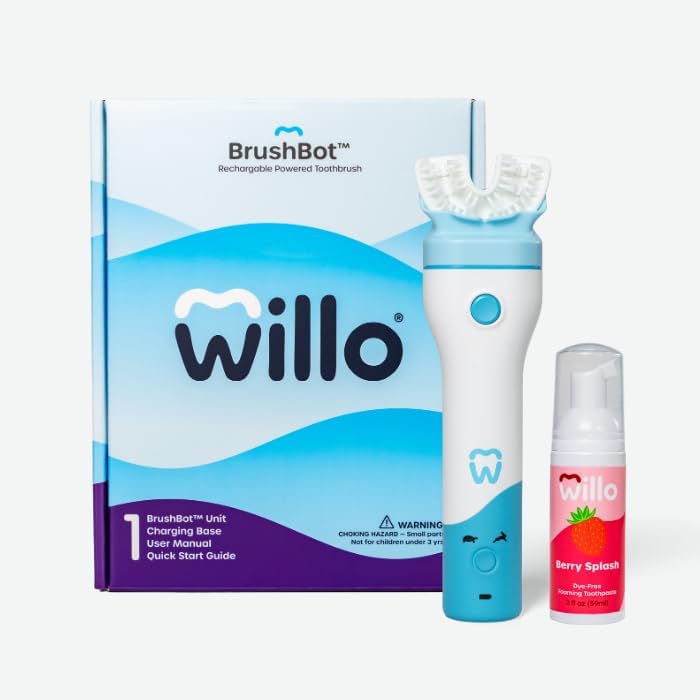 Willo BrushBot Kids U-Shaped Toothbrush Starter Kit – Rechargeable, Smart Electric Toothbrush for Kids Ages 5-7 w/App, Soft Bristles, Plaque Removal, Gentle & Deep Clean Modes | Small Berry Splash