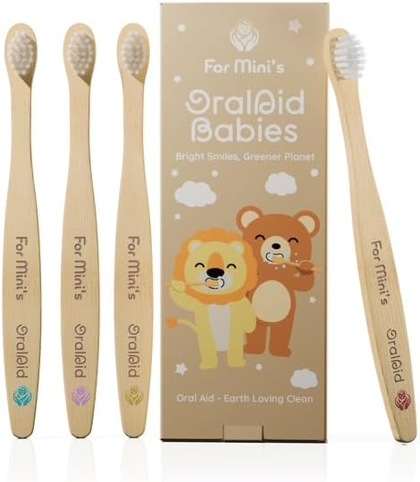 Oral Aid Bamboo Toothbrushes for Baby, Bamboo Handle, Eco-Friendly Baby Bamboo Toothbrush Set, Soft Bristle, Biodegradable Packaging, 4 Pack