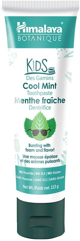 Himalaya Botanique Kids Toothpaste, Cool Mint, Fluoride-Free, Gentle, No Artificial Colors, SLS Free, Gluten Free, Cruelty Free, Vegan, Foaming, 4 Oz, 1 Pack…