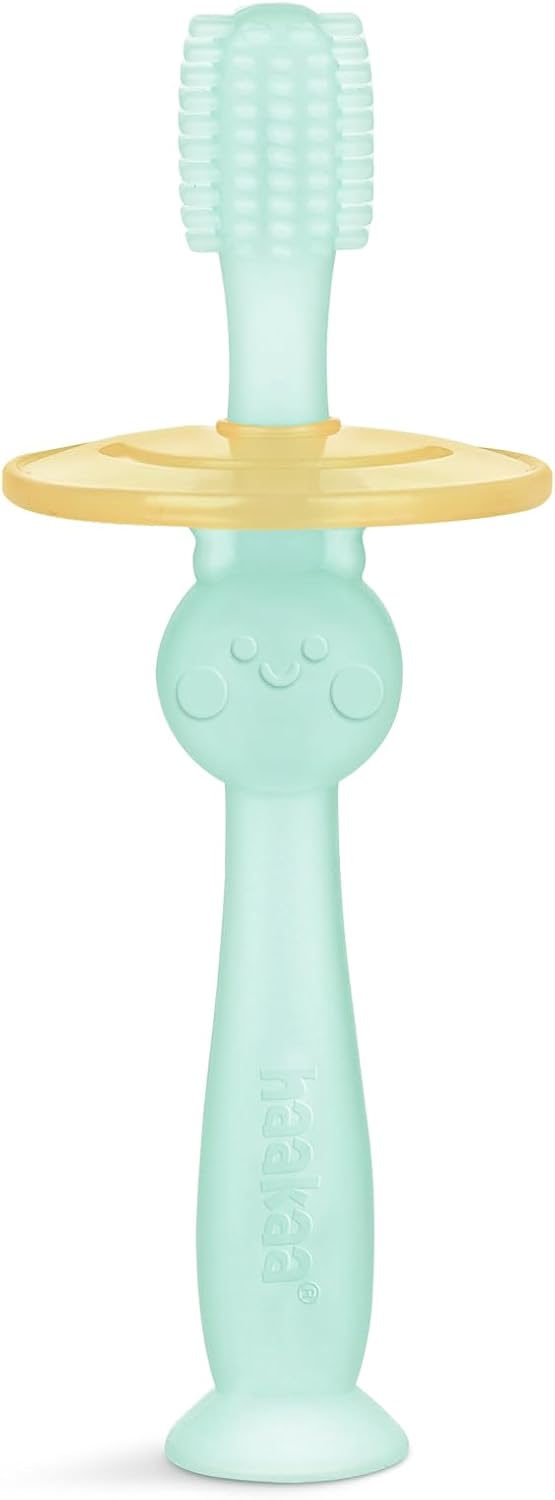 Haakaa 360 Food Grade Silicone Baby Toothbrush - 6M+ With Shield & Base Design, 1pc (Blue)