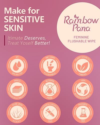 RainbowPana Feminine Wipes, 240 Count ON-THE-GO Individually Wrapped | Flushable Wipes, Travel Wipes for Women, Pre/Post-Intimacy Cleansing | Aloe, Portulaca, Vitamin E | pH Balanced, Biodegradable