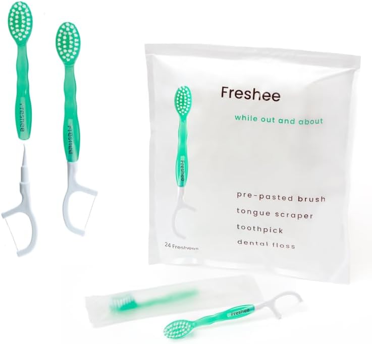 Freshee Paste - 5 in 1 Disposable Mini Toothbrush with Soft Bristles & Toothpaste + Floss + Pick + Tongue Scraper | Travel Size | Individually Wrapped | Soft | Mint | Travel Set |Oral Care