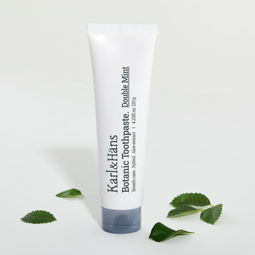 Karl&Hans Botanic Double Mint Toothpaste with Fluoride - Natural, Freshens Breath, Strengthens Enamel, Whitens Teeth, and Soothes Sensitive Teeth with Xylitol and Aloe Extracts, 4.23 oz
